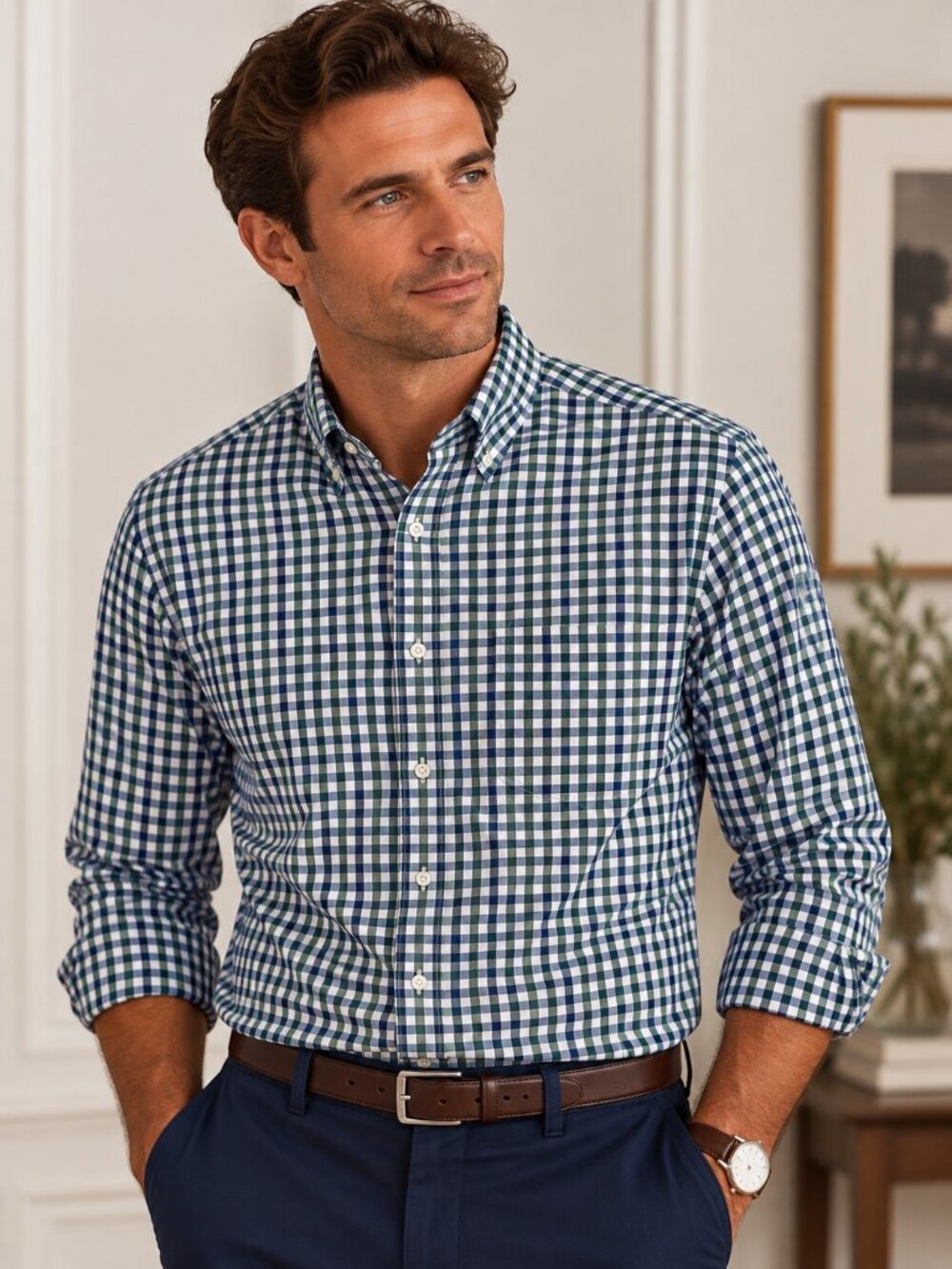 Charles Tyrwhitt Blue, Green & White Check Button-Down